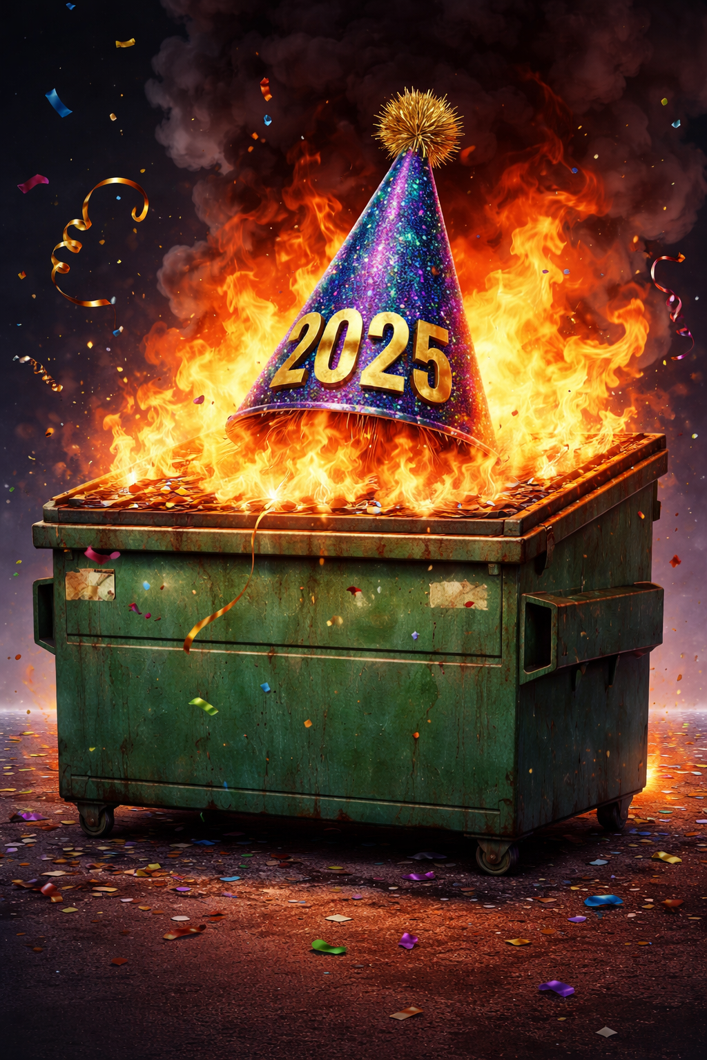 Dumpster fire with a party hat labeled 2025