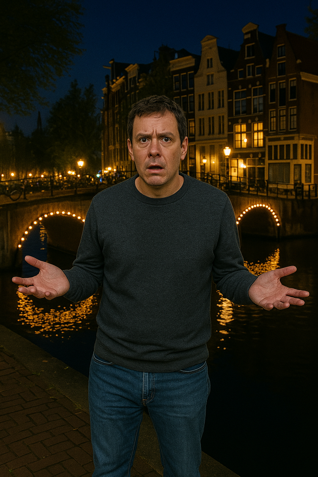 A man looking utterly confused by a canal in Amsterdam at night.