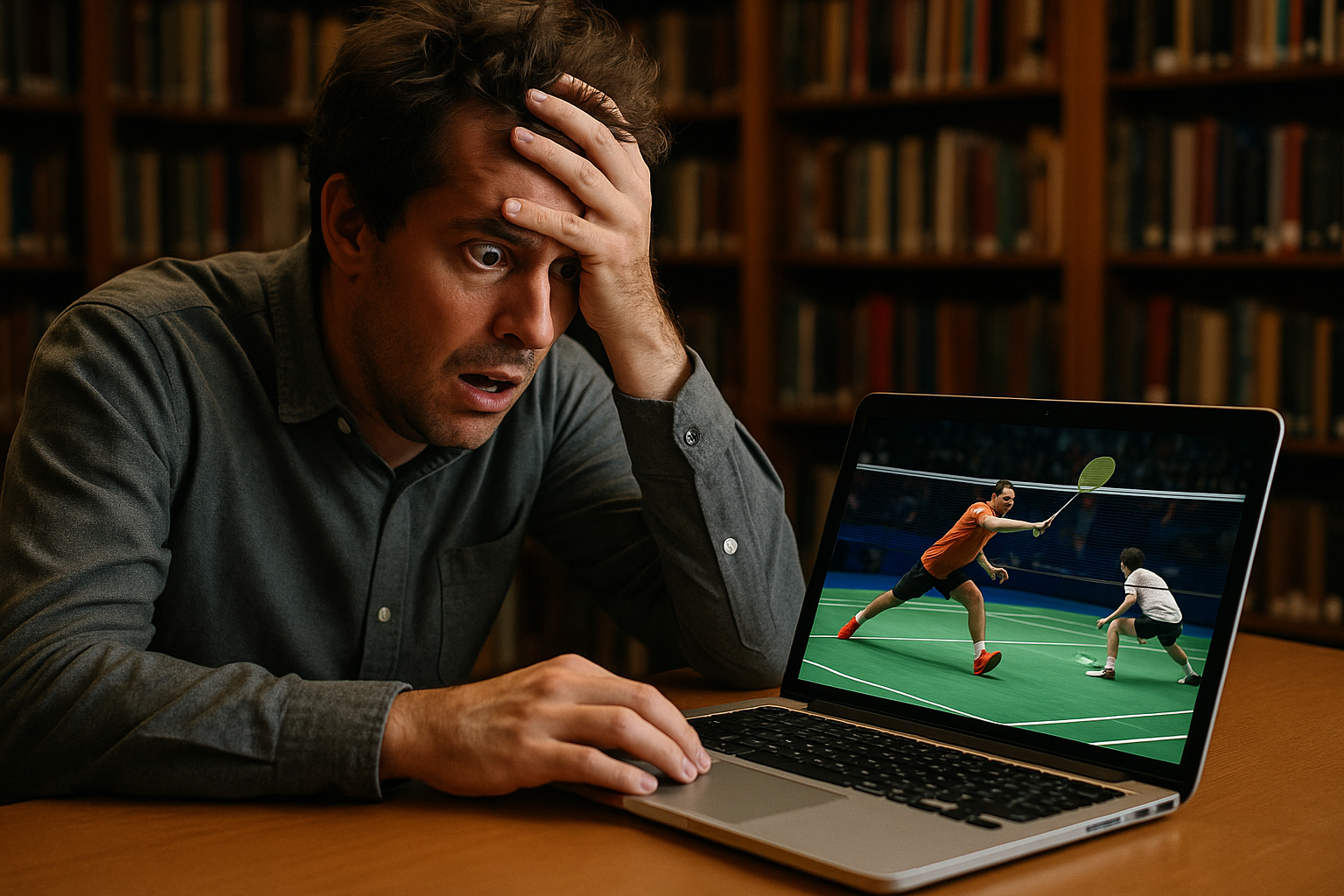 A panicked man in a library staring at a badminton match on his laptop, symbolizing the hell of an accidental bet.