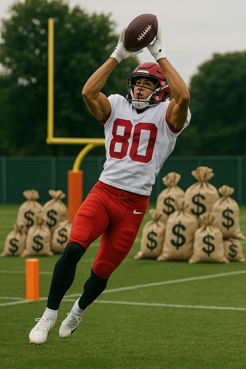 An overhyped NFL rookie making a catch in training camp, symbolizing the money pit of preseason hype.