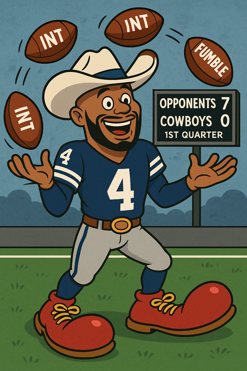 Cartoon quarterback in cowboy outfit juggling footballs labeled INT and Fumble in front of a 7 to 0 scoreboard