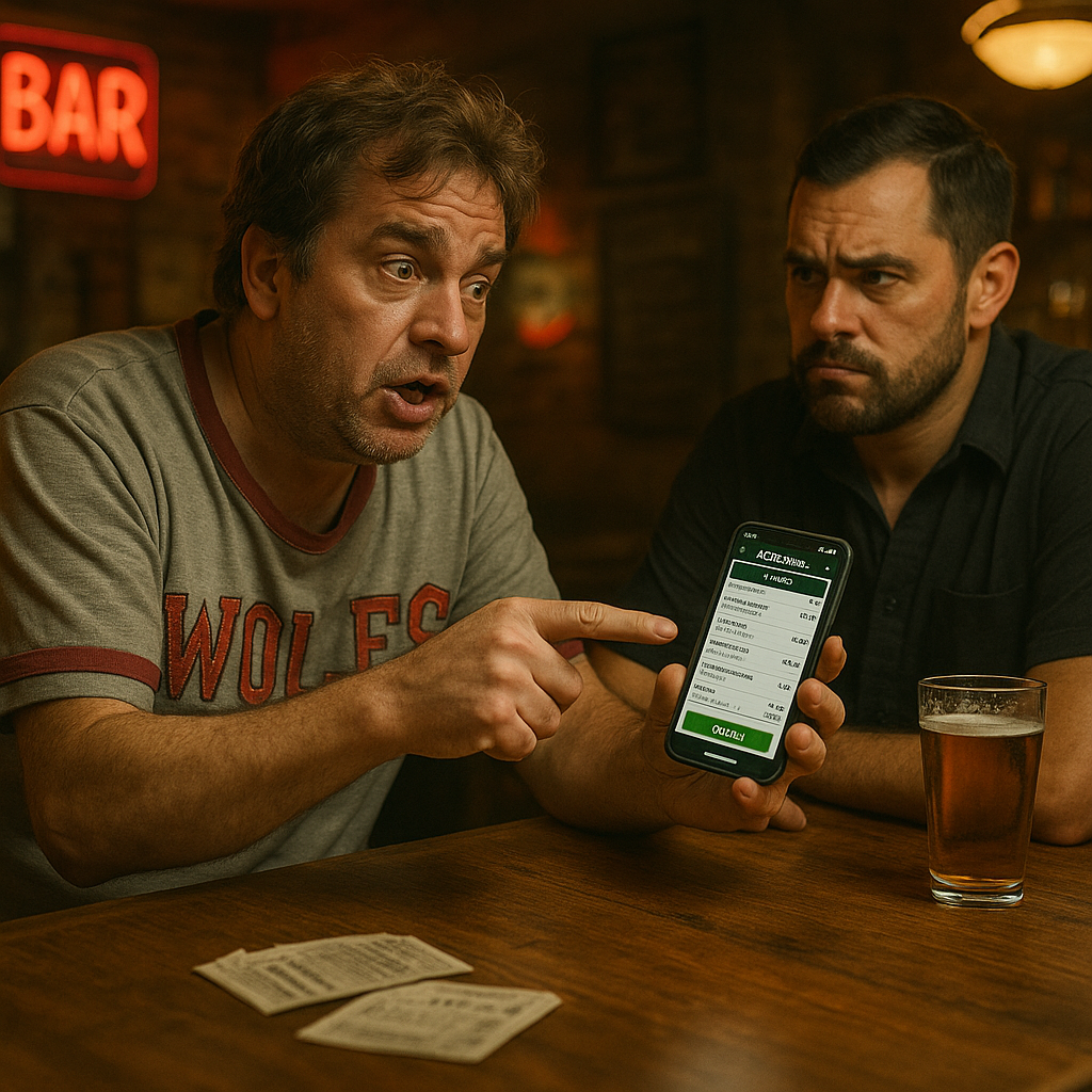 A slightly disheveled man in a faded jersey at a dive bar, intensely pointing at a betting app on his phone, explaining his genius to an unimpressed bartender.