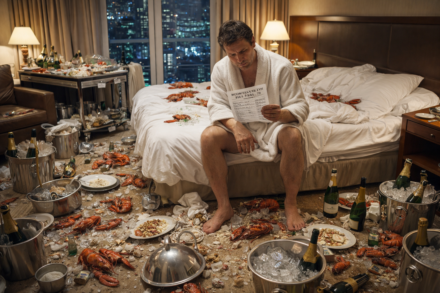 Chaotic hotel room with room service trays, champagne bottles, and a massive bill
