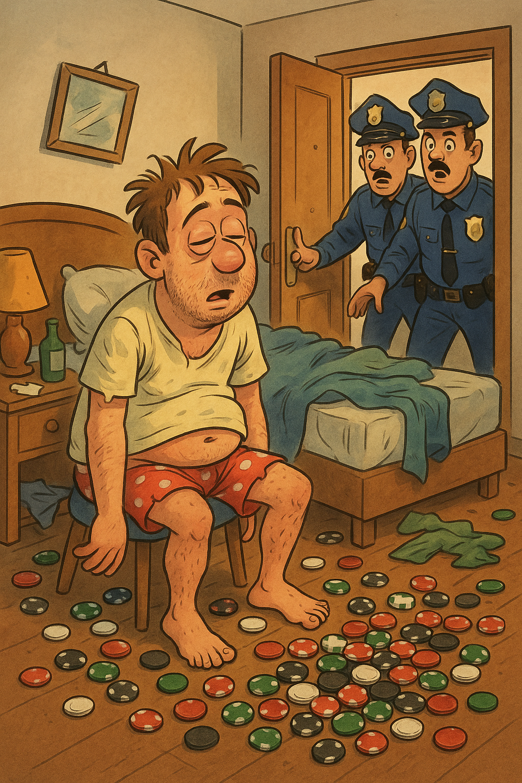 Cartoon scene of a man half asleep in a messy bedroom as officers enter while casino chips spill on the floor